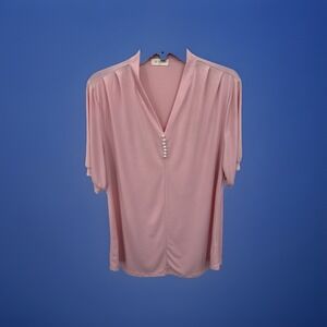 Bulotus Blush Pink Blouse Women's XL Short Petal Sleeve V-Neck Business Casual